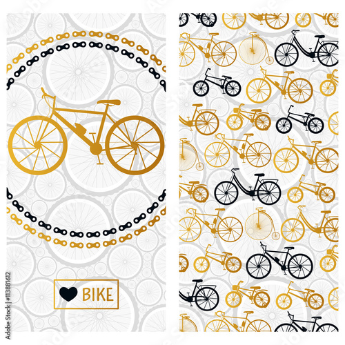 Invitation card with bike in the chain wreath and six kinds of bicycles. Vector background.
