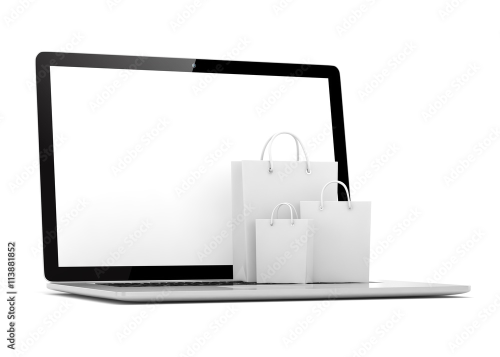 laptop and shopping pags on white background. 3d rendering. laptop and shopping pags on white background. 3d rendering.