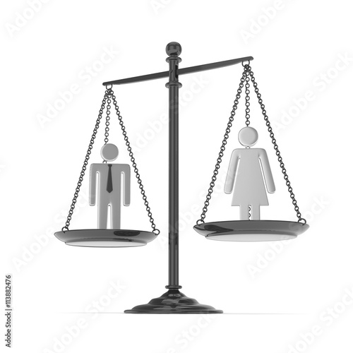 Isolated old fashioned pan scale with man and woman on white background. Gender inequality. Equality of sexes. Law issues. Silver model. 3D rendering.