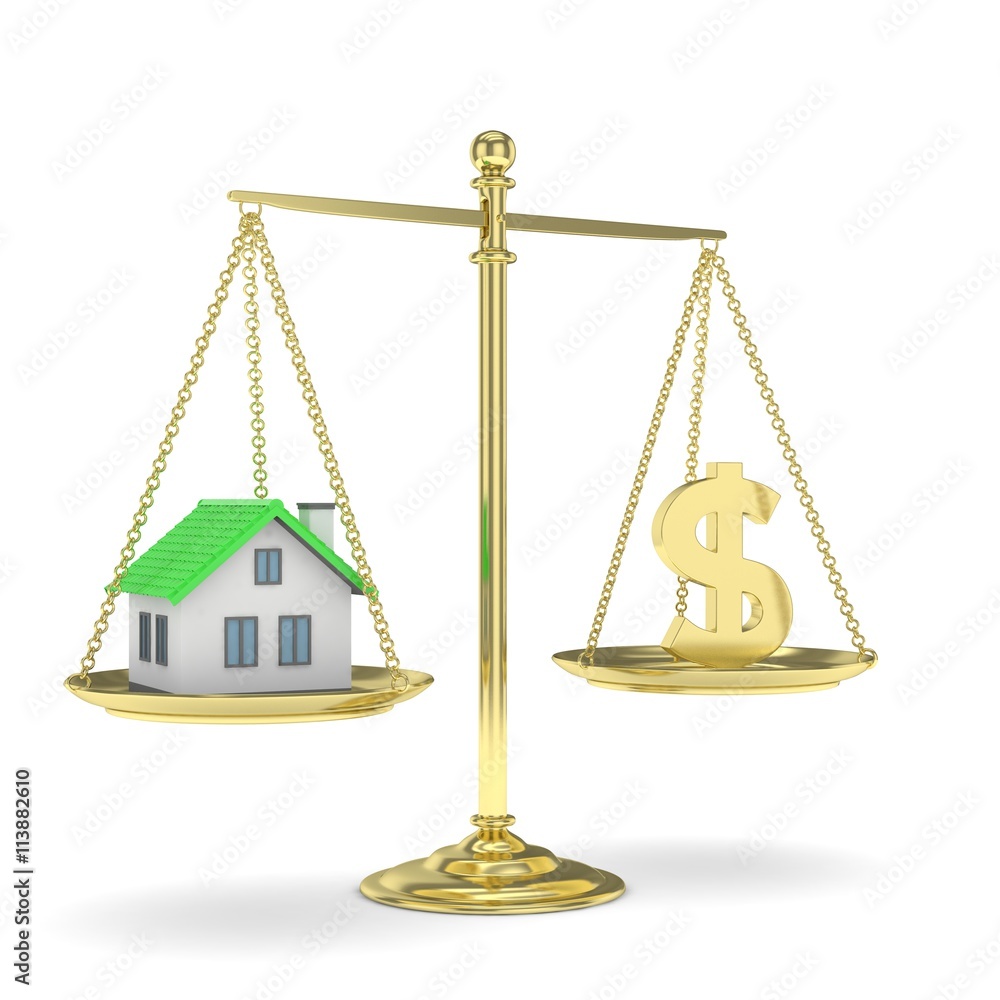 Isolated golden scales with golden dollar and house on white background. Investment or savings concept. Real estate and currency. 3D rendering. Isolated golden scales with golden dollar and house on white background. Investment or savings concept. Real estate and currency. 3D rendering.