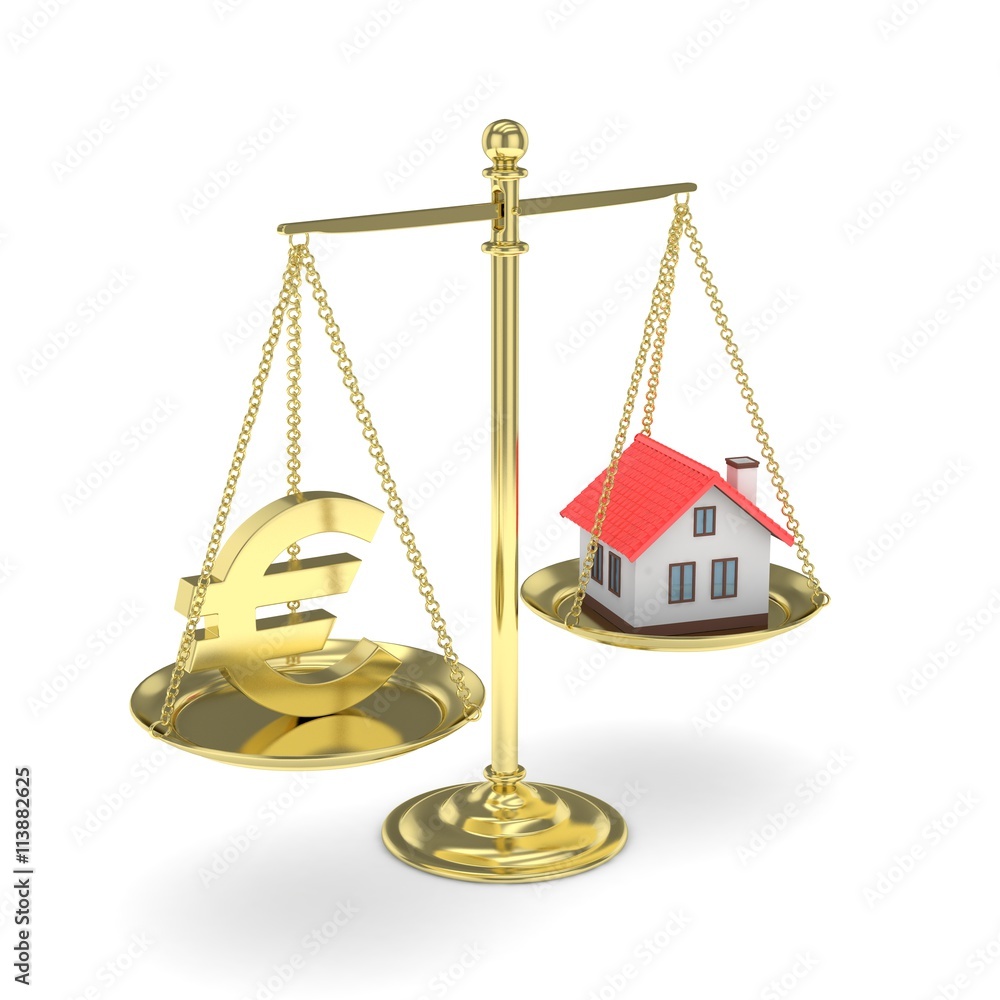 Isolated golden scales with golden euro and house on white background. Investment or savings concept. Real estate and currency. 3D rendering. Isolated golden scales with golden euro and house on white background. Investment or savings concept. Real estate and currency. 3D rendering.