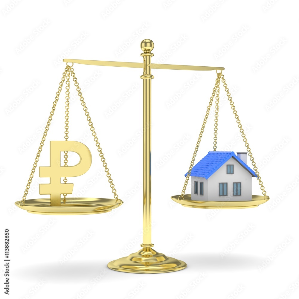Isolated golden scales with golden rouble and house on white background. Investment or savings concept. Real estate and currency. 3D rendering. Isolated golden scales with golden rouble and house on white background. Investment or savings concept. Real estate and currency. 3D rendering.