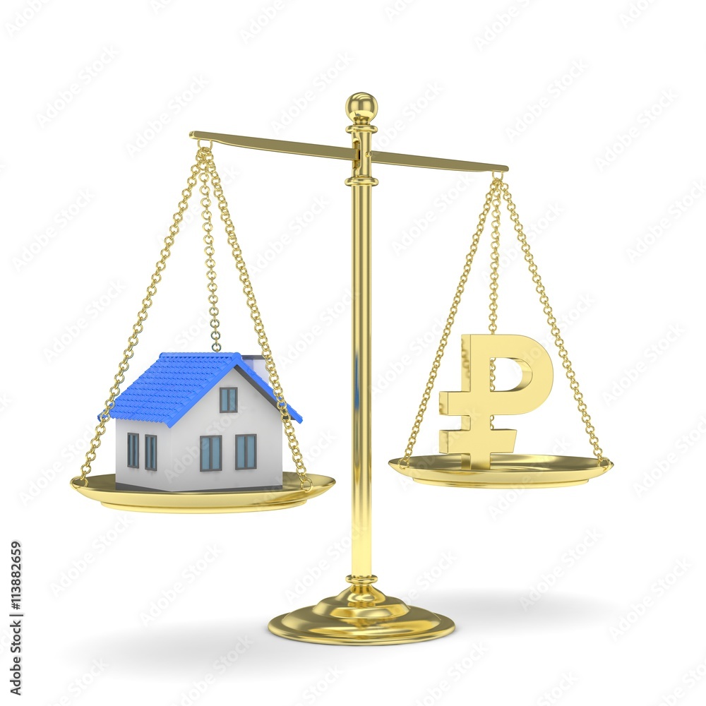 Isolated old fashioned pan scale with ruble and house on white background. Real estate vs russian currency. Affordable house. 3D rendering. Isolated old fashioned pan scale with ruble and house on white background. Real estate vs russian currency. Affordable house. 3D rendering.