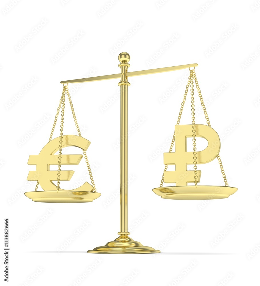 Isolated golden scales with golden euro and ruble currency. Russian and european finance. Measuring of market stability. 3D rendering. Isolated golden scales with golden euro and ruble currency. Russian and european finance. Measuring of market stability. 3D rendering.