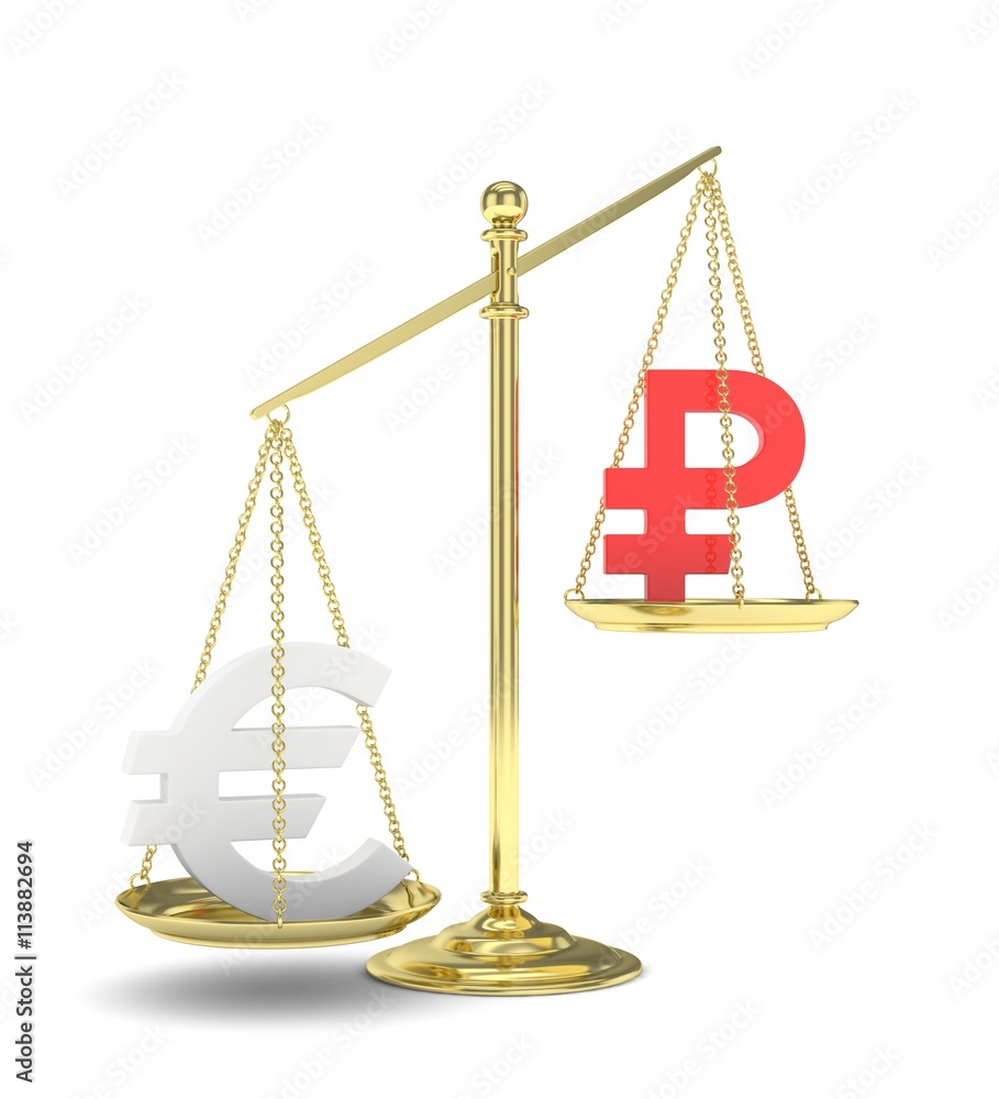 Isolated golden scales with silver euro and red ruble currency. Russian and european finance. Measuring of market stability. 3D rendering. Isolated golden scales with silver euro and red ruble currency. Russian and european finance. Measuring of market stability. 3D rendering.