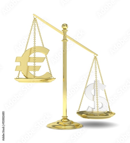 Isolated old fashioned pan scale with dollar and euro on white background. American and european currency. Dollar is heavier. Silver usd, golden euro. 3D rendering.