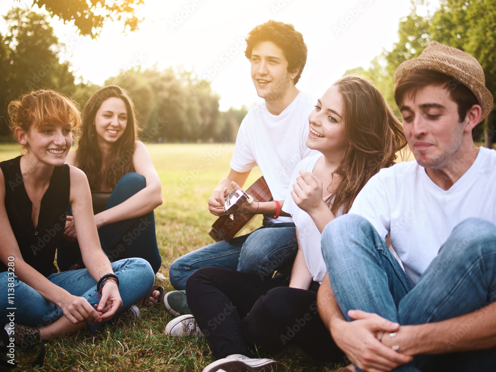 group of friends together in a park having fun and playing music with a guitar group of friends together in a park having fun and playing music with a guitar