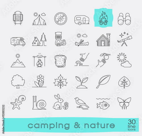 Set of camping and nature icons. Spending time in nature. Picnic, hiking in the wild. Collection of line outdoor icons. Vector illustration.