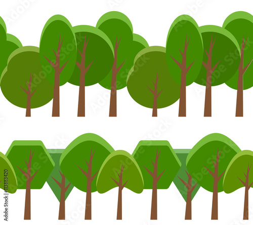 Seamless border with cartoon trees of different shapes. Vector element for your creativity