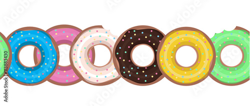 Seamless border with flat donuts in a row. Vector element for your creativity