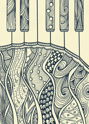 Piano keyboard with Zen-tangle ornament  black on white 