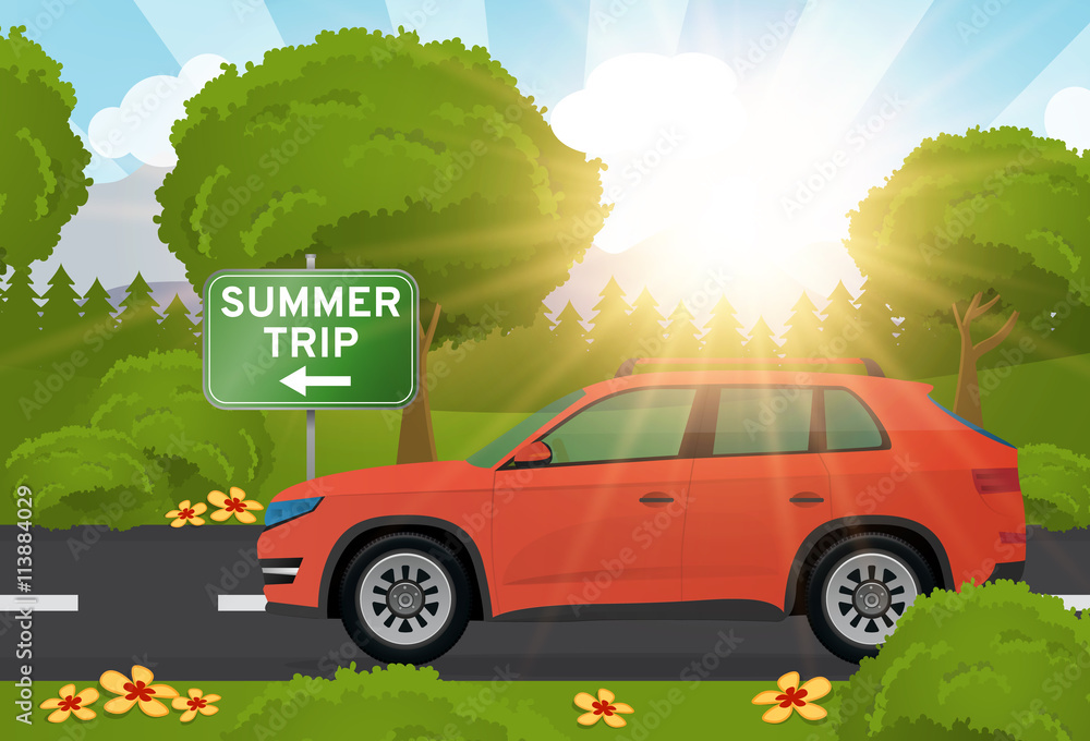 Summer family trip with big car with sunshine vector illustration Summer family trip with big car with sunshine vector illustration