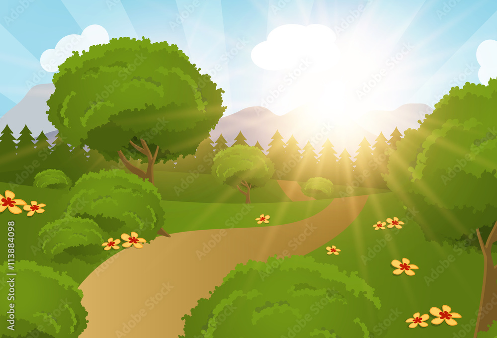 Nature with sunlight flat vector illustration