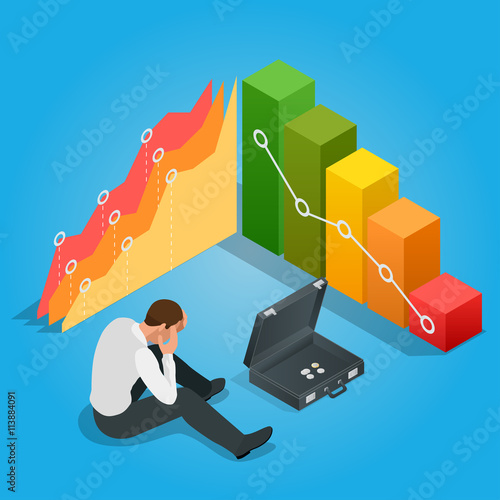 Bad Businessman. Depressed Businessman Leaning His Head Below a Bad Stock Market Chart. Flat 3d vector isometric illustration.