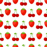 Seamless pattern with strawberries and cherries on white background