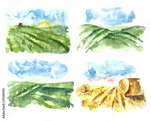 Watercolor landscape with fields and farms. 