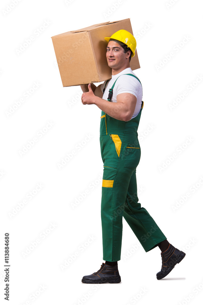 Man moving boxes isolated on the white background Man moving boxes isolated on the white background
