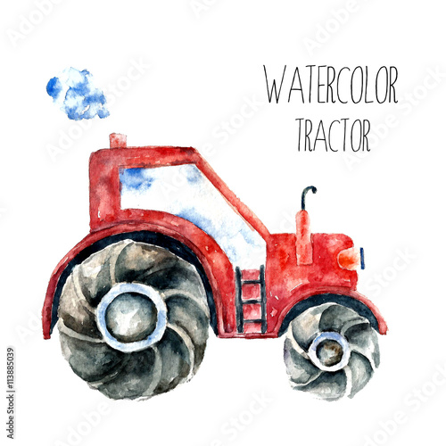 Watercolor red tractor.