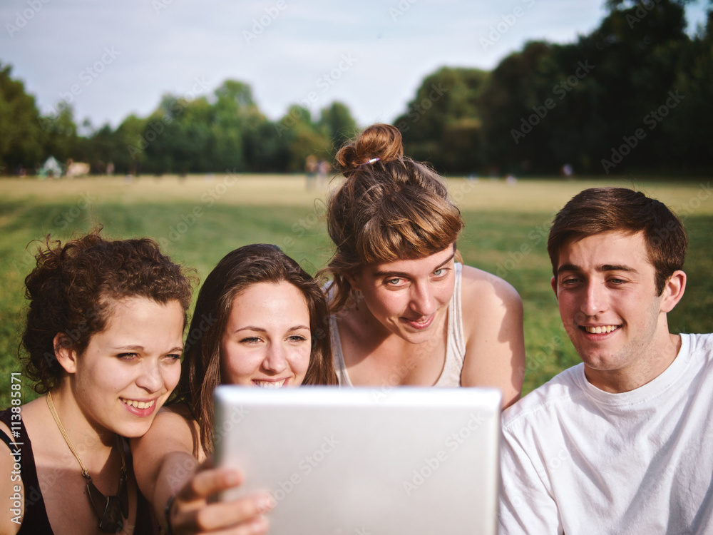 large group of friends tohether in a park using a tablet large group of friends tohether in a park using a tablet