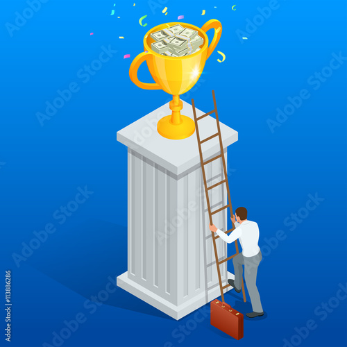 Win trophy success movement through obstacle flat 3d isometry isometric business concept web vector illustration. Flat 3d vector isometric illustration.