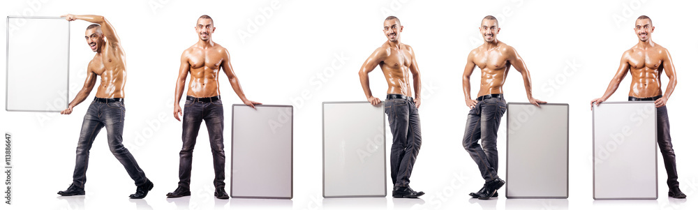 Man with blank poster on white