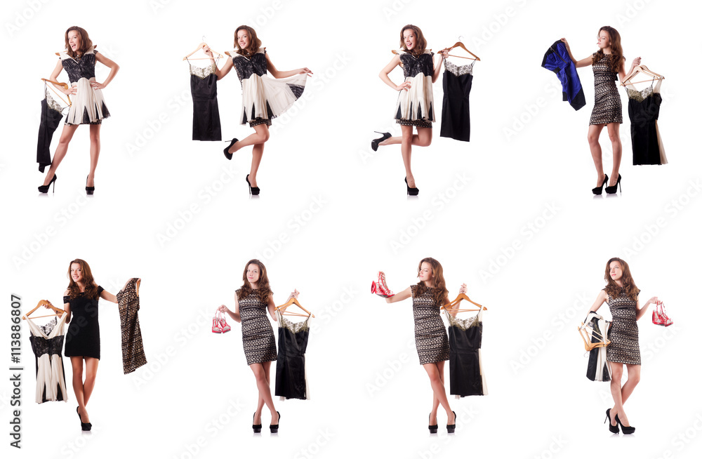 Obraz premium Young woman trying new clothing on white