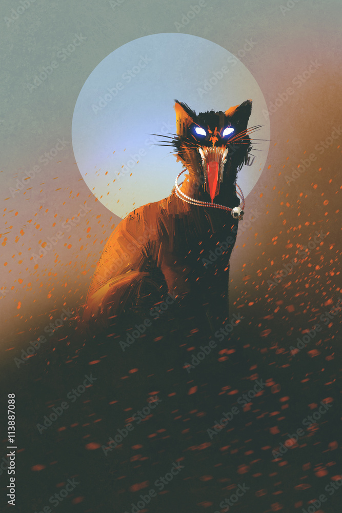 Fototapeta premium evil cat on a background of the moon,undead,horror concept,illustration