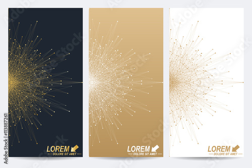 Modern set of vector flyers. Molecule and communication background. Geometric abstract round golden forms. Connected line with dots. Graphic composition for your design