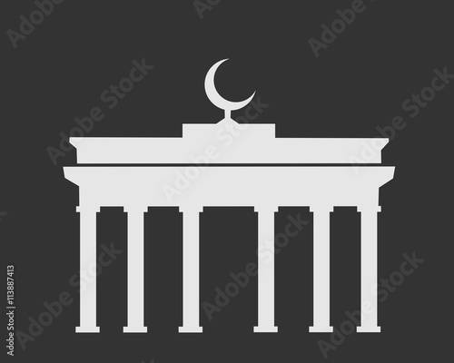 Brandenburg Gate with crescent symbol on the top. Metaphor of Islam as predominant religion and culture in Germany. Believers of islam, Muslims, as majority in German society 