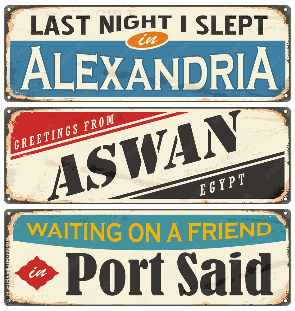 Fototapeta premium Vintage signs collection with cities and tourist attractions in Egypt