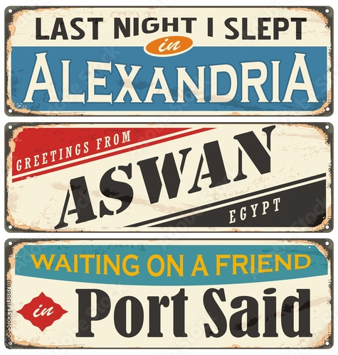 Vintage signs collection with cities and tourist attractions in Egypt