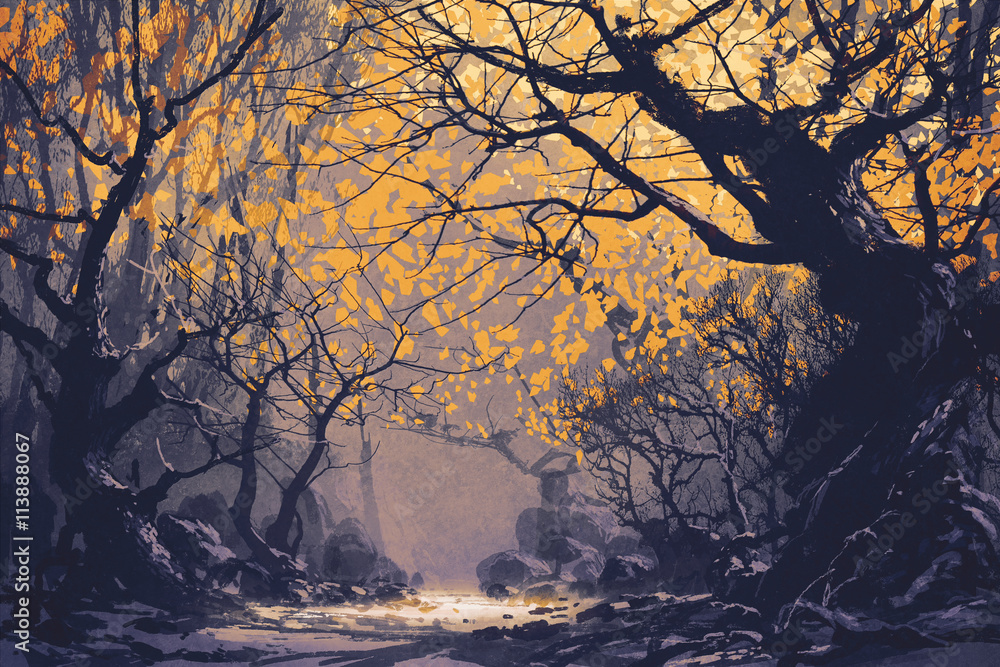 Obraz premium night scene of autumn forest,landscape painting