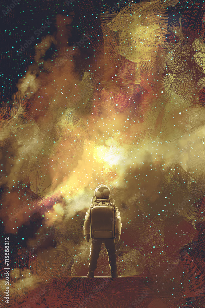 Fototapeta premium astronaut standing against universe stars filled,illustration painting