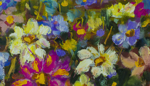 Closeup flowers oil painting fragment. Hand Painted flower Impressionist style