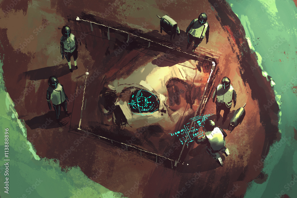 Obraz premium archeology dig,giant skull,sci-fi scene,illustration painting
