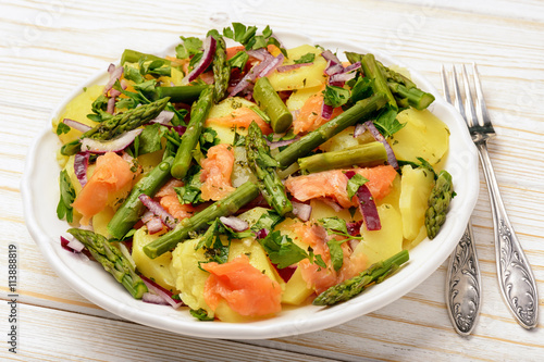 Delicious salad wit green asparagus, smoked salmon and potatoes.