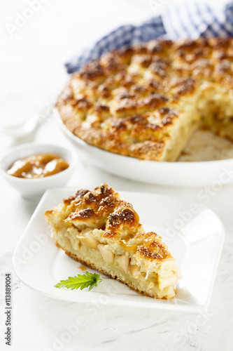 Apple pie with cottage cheese streusel and caramel