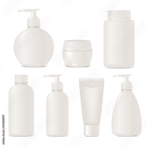 White "no name" set of plastic cosmetic containers. Isolated on white