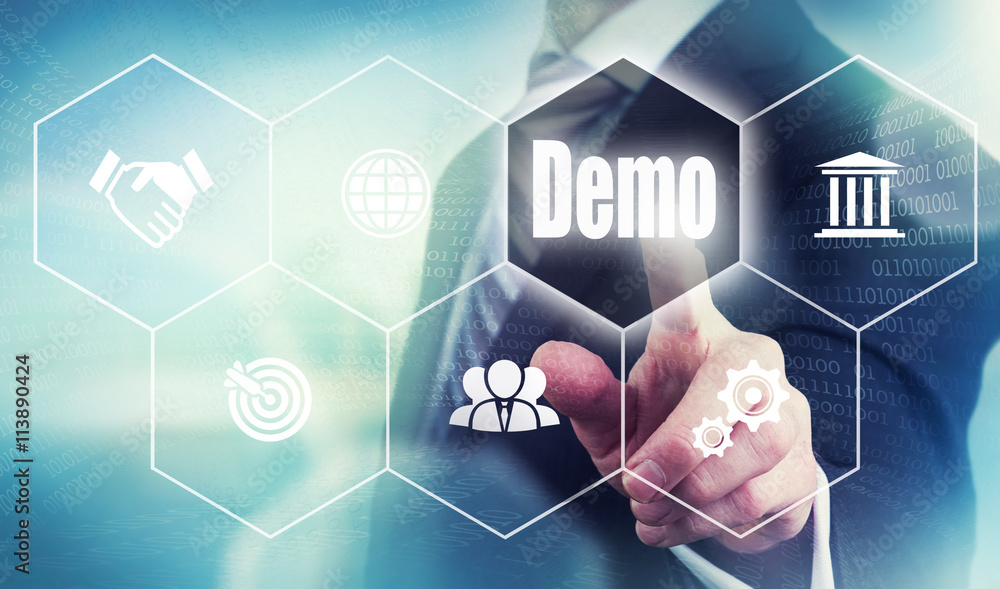A businessman selecting a Demo Concept button