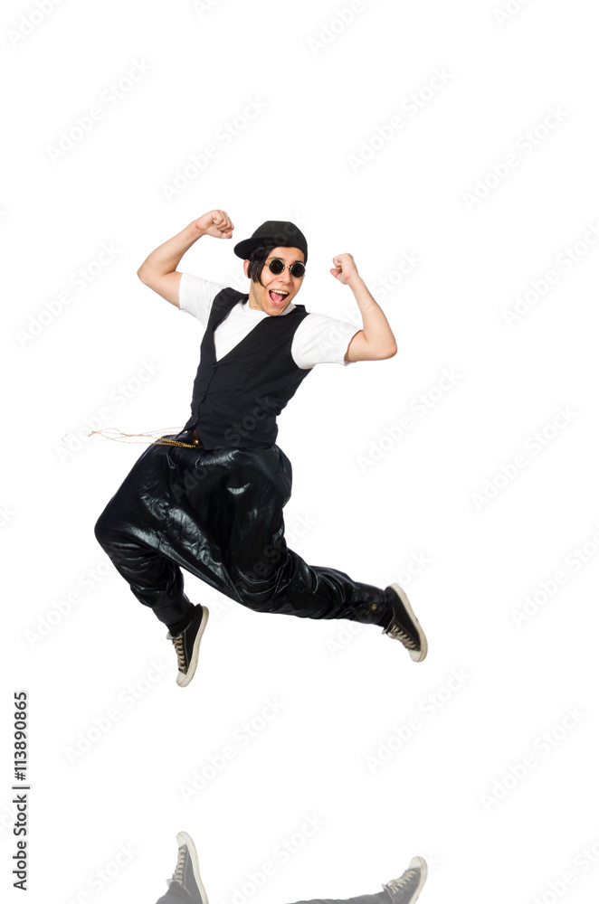 Funny young man dancing isolated on white