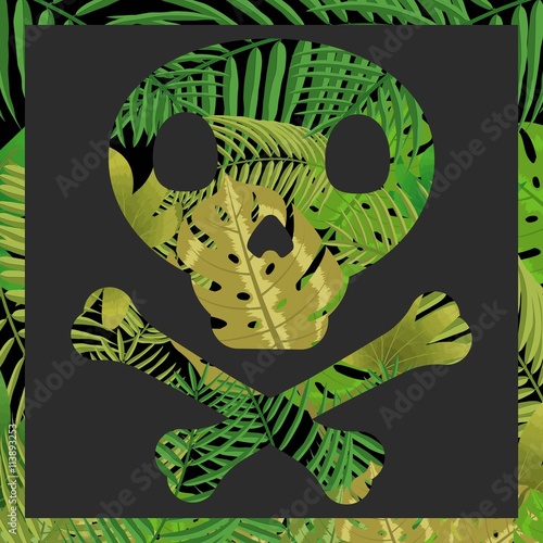 Skull with tropical leaf background in frame. Vector