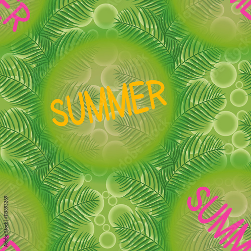 Summer, palm leaves on a green background with circles and soap bubble. Pattern vector seamless