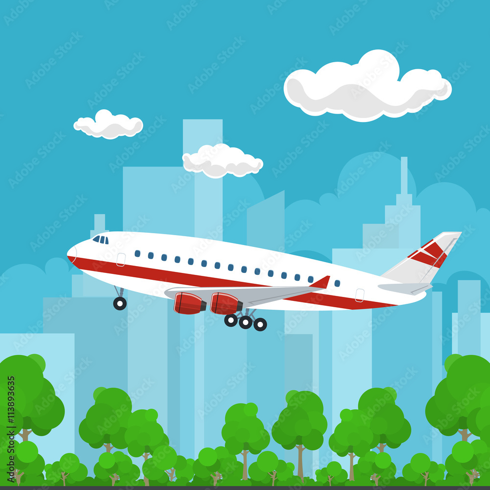 Airplane on the Background of the City, Plane Flies to the West, Travel and Tourism Concept , Air Travel and Transportation, Vector Illustration