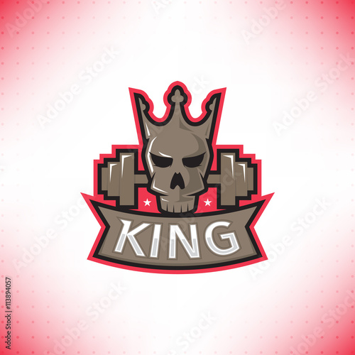 Fitness and GYM logo club template. Vector label of skull isolated on the white background. Symbol of extreme sport.