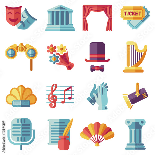 Theatre acting performance flat icons set