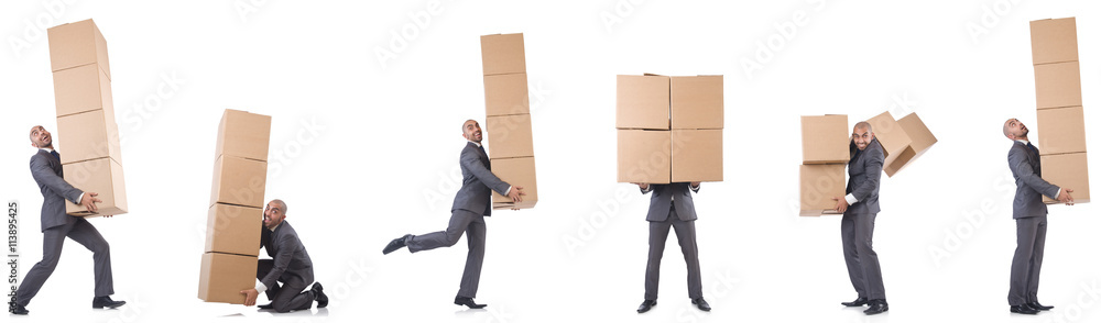 Collage of photos with man and boxes Collage of photos with man and boxes