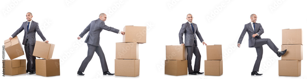 Collage of photos with man and boxes Collage of photos with man and boxes
