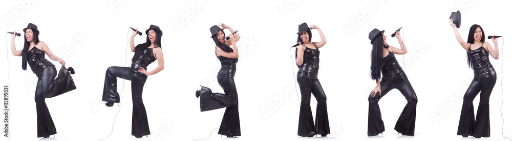 Woman singing in karaoke club in various poses on white Woman singing in karaoke club in various poses on white