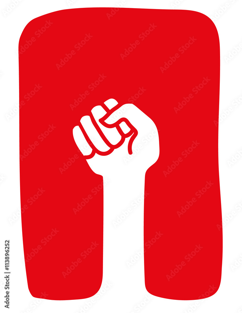 Stylized clenched fist raised in a power salute or protest gesture in white on a red background Stylized clenched fist raised in a power salute or protest gesture in white on a red background