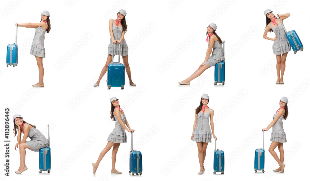 Travelling woman with suitcase isolated on white Travelling woman with suitcase isolated on white